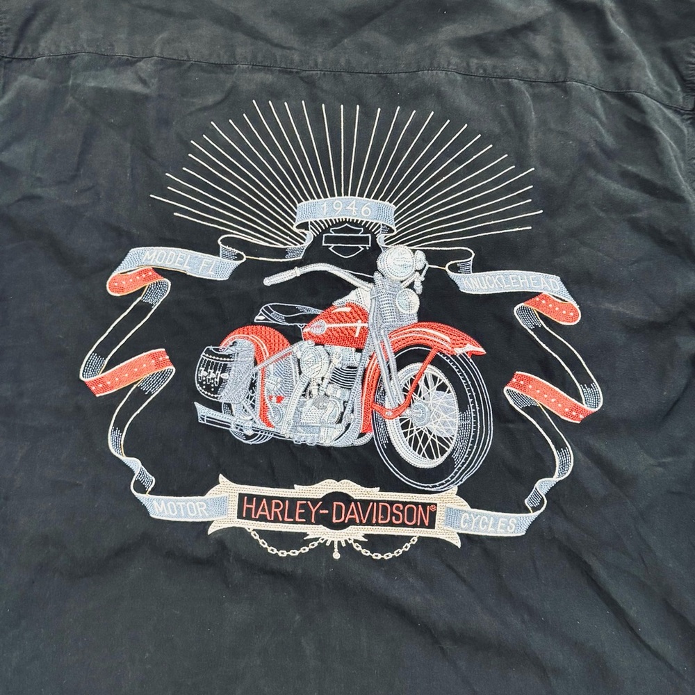 Harley-Davidson Black Silk Blend Button Down Shirt Biker Embroidered Size XL - Picture 6 of 7